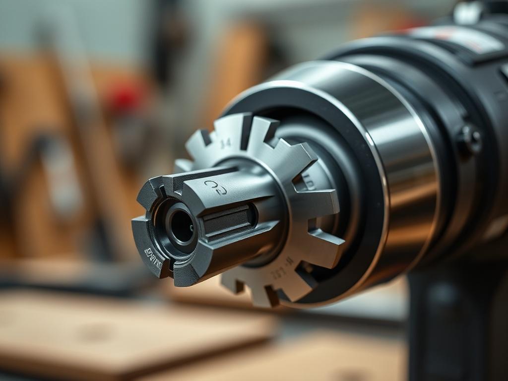 A close-up shot of a Professional Profiling Tool System, focusing on the intricate details of the exchangeable knives and the carbide cutting edges. The background should be a blurred workshop environment, emphasizing the tool's precision and functionality. The lighting should highlight the tool's metallic surfaces and sharp blades, showcasing its innovative design and high-quality craftsmanship.