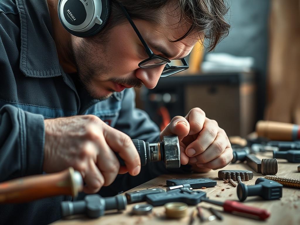 A close-up image of a technician focused on repairing a broken woodworking tool, with tools and parts visibly scattered around. The setting should convey urgency and expertise, highlighting the technician's skill and the importance of prompt service.
