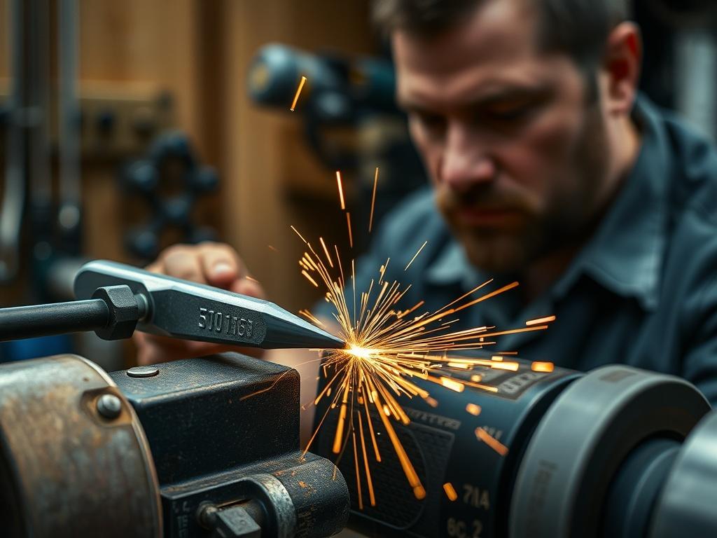 A close-up shot of a woodworking tool being sharpened on a high-tech sharpening machine, with sparks flying and a focused technician in the background. The background should be blurred to emphasize the tool and sharpening process, capturing the essence of precision and expertise.