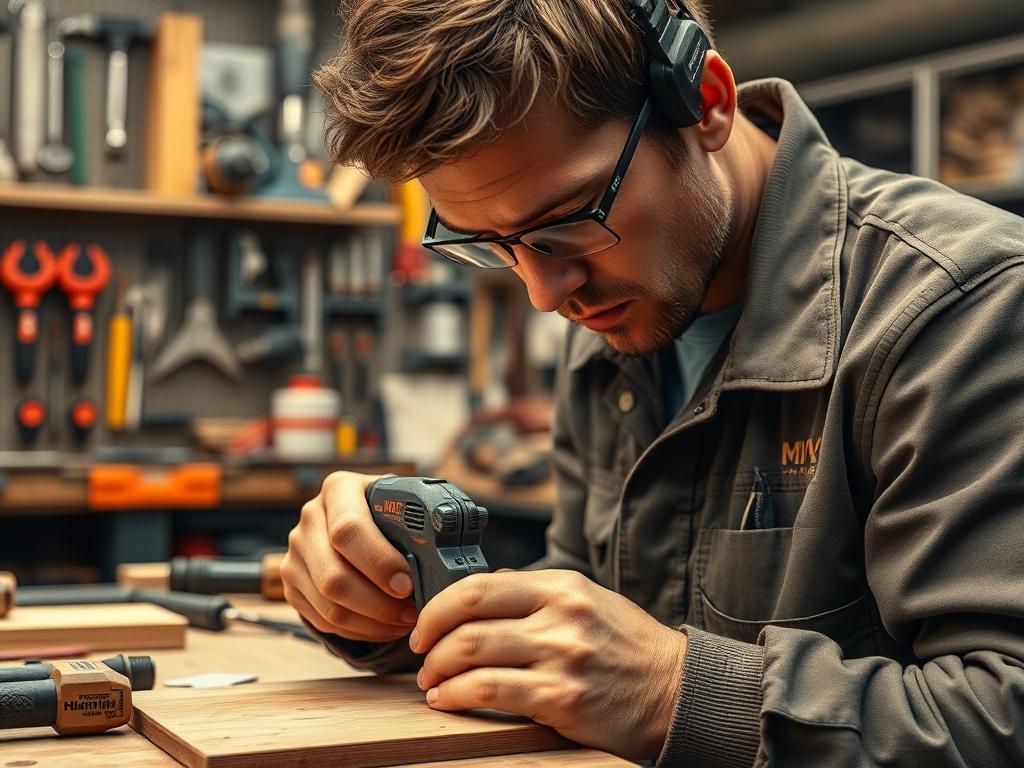 A high-resolution close-up of a technician inspecting and cleaning a woodworking tool, showcasing attention to detail. The background should be a well-organized workshop with tools and equipment neatly arranged, emphasizing professionalism and reliability.