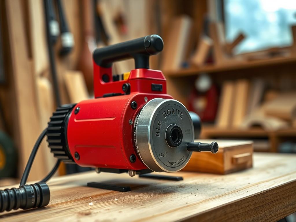A realistic close-up shot of a compact hogger in action, displaying its robust features and compact size. The background should be a blurred woodworking shop setting, highlighting its practical use. The image should be hyper-realistic, emphasizing intricate details, captured with a 45mm f/1.2 lens.