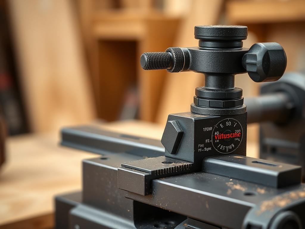 A hyper-realistic close-up image of an adjustable jointing cutter, highlighting its adjustable features and sharp cutting edge. The background should be a softly blurred woodworking workspace, focusing on the tool's practical applications. Captured in a detailed and realistic style with a 45mm f/1.2 lens.