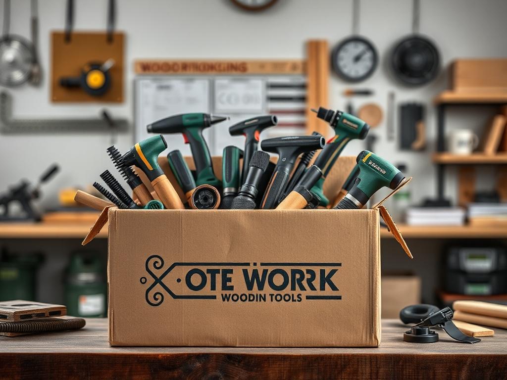 A hyper-realistic close-up shot of a delivery box filled with industrial woodworking tools, showcasing the high-quality packaging and branding. The background should feature a clean workspace, emphasizing professionalism and efficiency. The colors should include deep greens and earthy tones to reflect the woodworking industry.