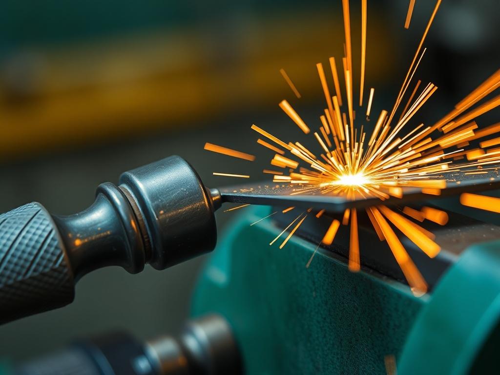 A hyper-realistic close-up shot of a sharpening tool in action, with sparks flying as a blade is honed. The background should be softly blurred, focusing on the sharpening process and the tool being sharpened. The colors should reflect the industrial environment, emphasizing metallic textures and deep greens.