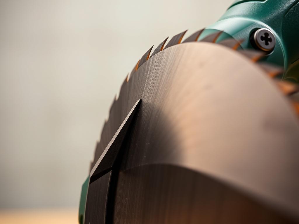 A hyper-realistic close-up shot of a high-performance industrial woodworking tool, showcasing its sharp blade and precision design. The background should be softly blurred to emphasize the tool's details. The image should evoke a sense of professionalism and quality, with a color palette highlighting deep greens and metallic tones.