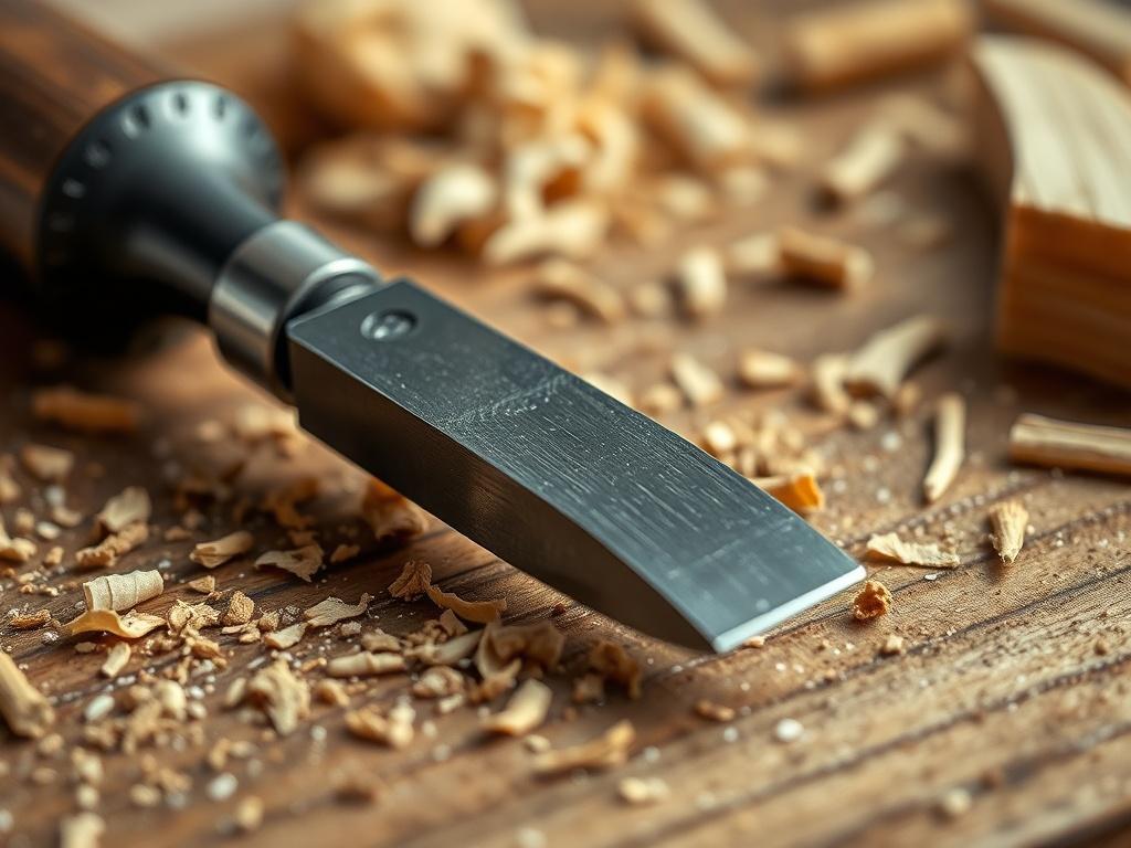 A hyper-realistic close-up shot of a precision woodworking tool, such as a chisel, resting on a wooden workbench. The background features sawdust and wood shavings, emphasizing the craftsmanship involved in woodworking. The lighting highlights the tool's sharp edge and fine details, capturing its quality and precision.