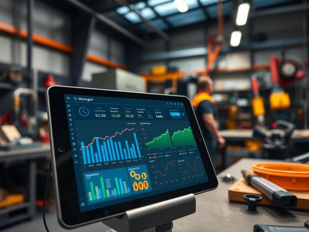 A hyper-realistic close-up photo of a digital tool management dashboard displayed on a tablet, showing graphs and data related to tool usage and inventory. The background should feature a modern workshop environment, with tools and machinery in focus, emphasizing the integration of technology in tool management.