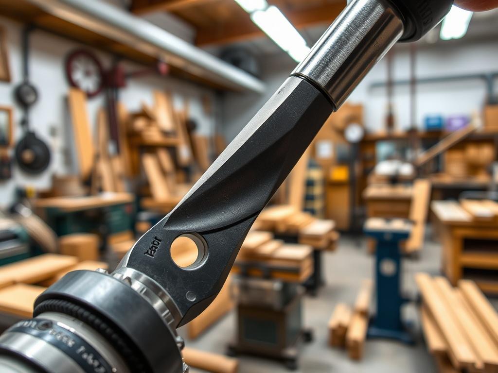 A hyper-realistic close-up photo of a high-precision industrial tool being sharpened. The image should showcase the tool's sharp edges and intricate details, with a blurred background of a bustling workshop filled with woodworking equipment, emphasizing a professional environment. The lighting should be bright and focused on the tool.