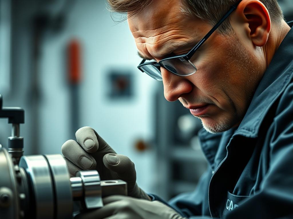 A hyper-realistic close-up photo of a technician performing maintenance on an industrial cutting tool. The image should highlight the technician's focused expression, the tools being inspected, and the clean, organized workspace, showcasing a commitment to quality and precision in tool upkeep.
