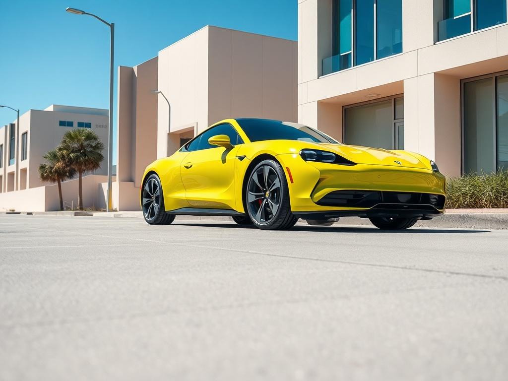 A sleek, modern car parked on a clean urban street, showcasing its vibrant color and polished exterior. The background features minimalistic city architecture with clear blue skies. The car is the focal point, highlighting its design and elegance, while maintaining a clean and simple composition. The image should capture the essence of convenience and freedom associated with car rentals.