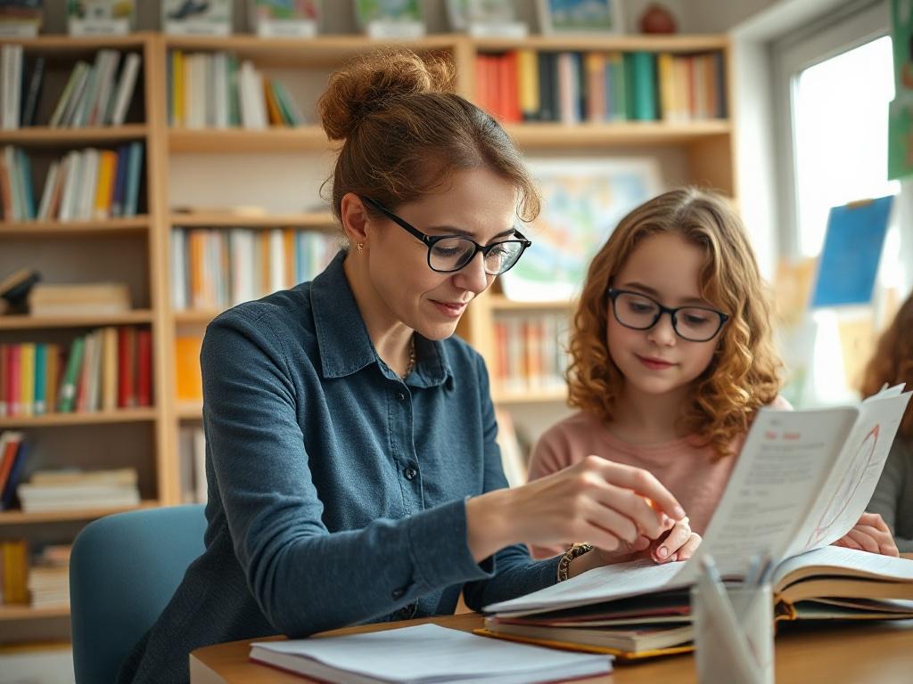 A close-up shot of a student engaging with a tutor in a bright and inviting learning environment. The student, a young girl with curly hair, is focused on a workbook while the tutor, a woman with glasses, points to a diagram on the page. The background features bookshelves filled with colorful educational materials, creating a warm and encouraging atmosphere. The image is captured with a 45mm f/1.2 lens style, highlighting the interaction between the student and the tutor.