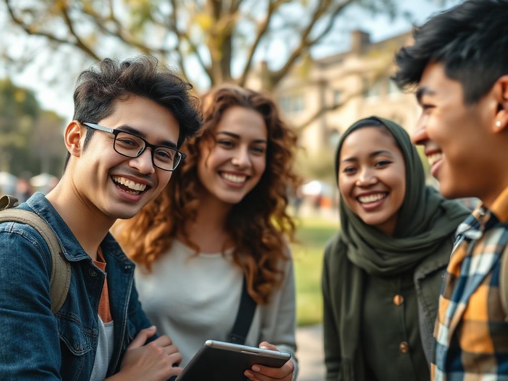 A close-up shot of a diverse group of students smiling and engaging in a discussion outdoors. The background showcases a scenic view of a university campus, with trees and a clear sky. The focus is on the students' expressions of excitement and curiosity, reflecting the collaborative spirit of international education. The image is captured with a 45mm f/1.2 lens style, ensuring a hyper-realistic quality.