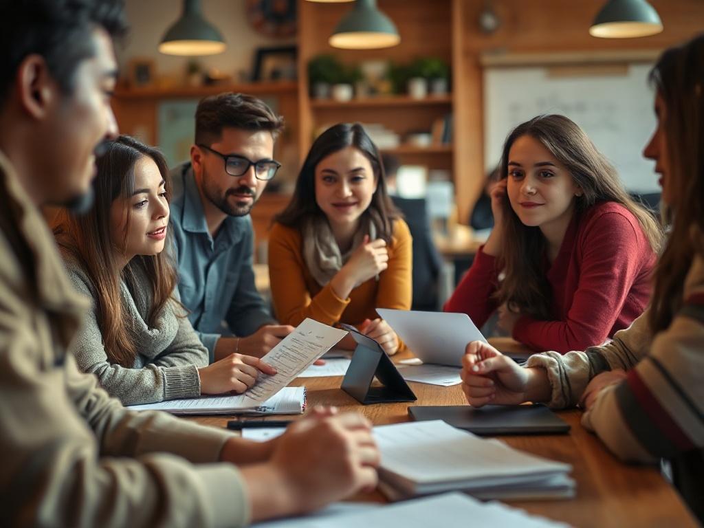 A close-up shot of students participating in a workshop, actively discussing ideas around a table with papers and laptops. The focus should be on their engaged faces and body language, reflecting teamwork and collaboration. The background can be a classroom or workshop setting, with a warm and vibrant atmosphere.