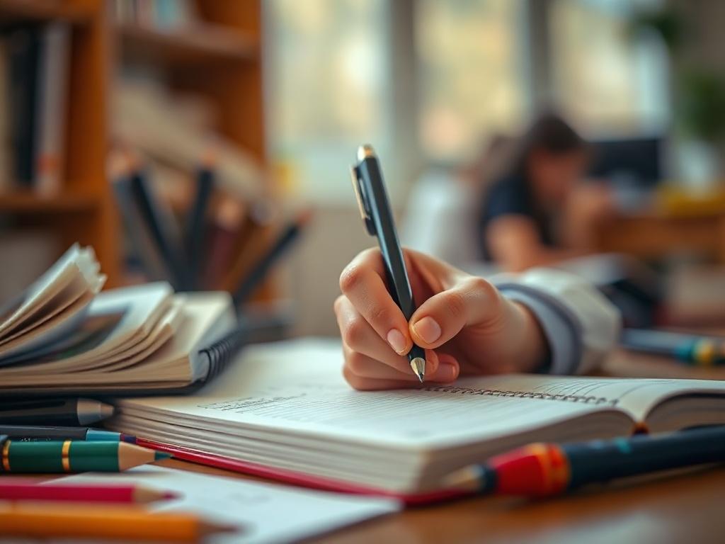 A close-up shot of a student writing notes in a notebook, with colorful highlights and study materials around. The student should appear focused and organized, embodying the essence of effective learning. The background should be softly blurred to keep the attention on the student and their study techniques.
