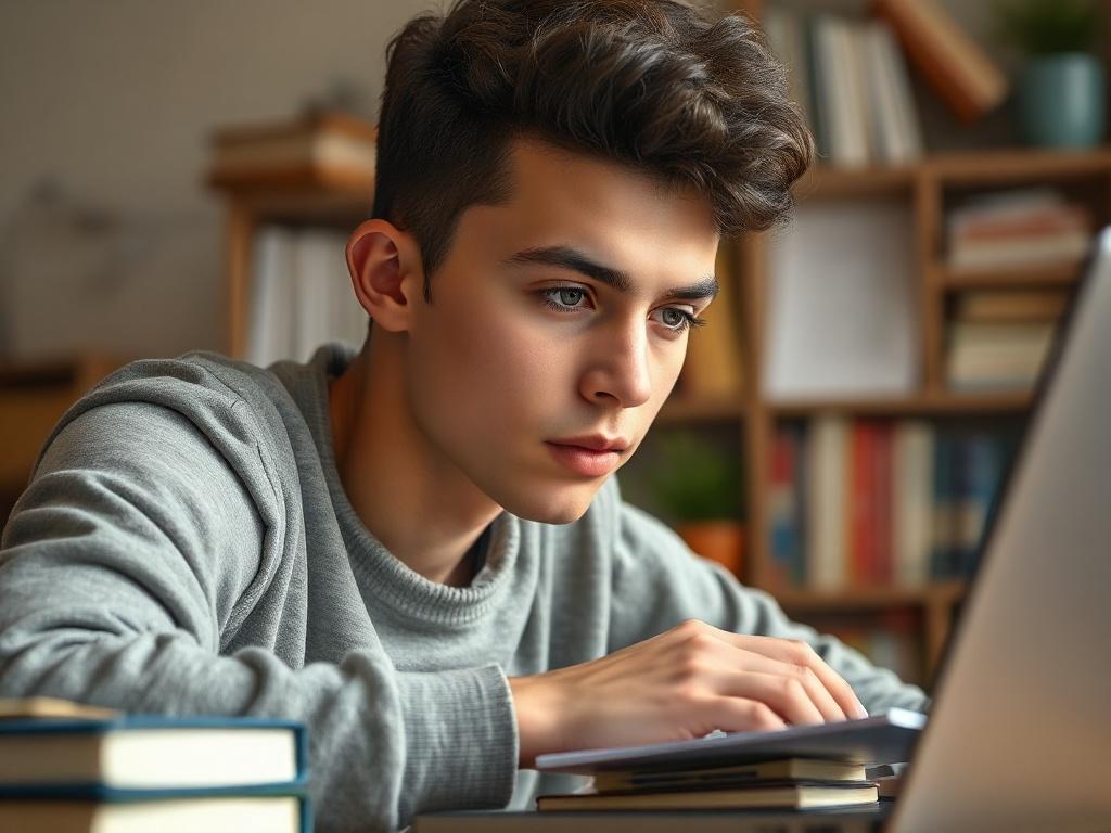 A close-up shot of a student engaged in studying, surrounded by books and a laptop, showcasing a focused expression. The background should be softly blurred to emphasize the student, and the lighting should be warm and inviting. The composition should highlight the determination and individuality of the student, reflecting a personalized learning experience.