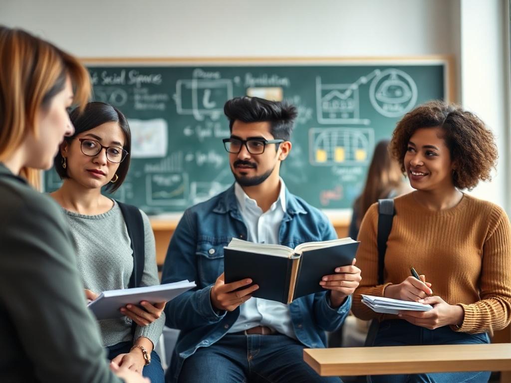 A close-up shot of a diverse group of students discussing a social sciences topic in a bright, modern classroom. One student is holding a book, while others are actively engaging and taking notes. The background features a chalkboard with diagrams and notes related to social sciences. The image is shot with a 45mm f/1.2 lens style, ensuring a hyper-realistic appearance, with vibrant colors and sharp focus on the students.