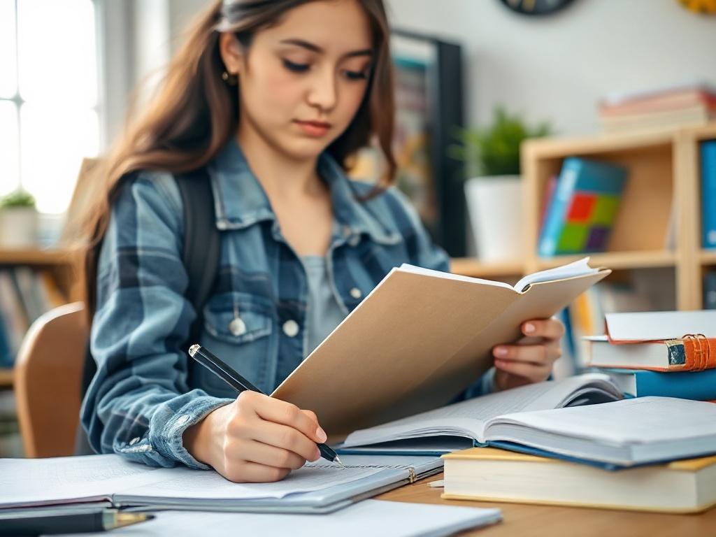 A focused close-up of a student using a planner and study materials, surrounded by notes and books. The student looks determined and organized, demonstrating effective study techniques. The background is filled with a calming study environment that promotes concentration.