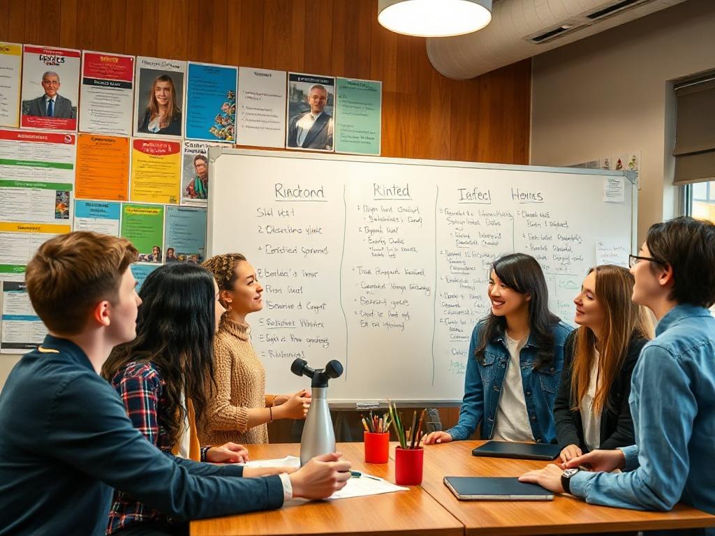 A dynamic scene of a diverse group of students engaged in a collaborative workshop, brainstorming ideas on a large whiteboard. They are sharing thoughts and smiling, showcasing a lively interaction. The environment is vibrant, filled with educational posters and collaborative tools, emphasizing teamwork and creativity.