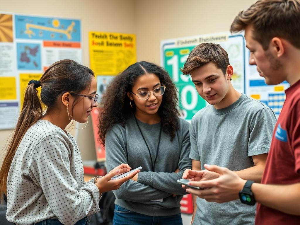 A close-up photo of students engaged in an interdisciplinary workshop, discussing and collaborating on a project, with colorful educational posters and materials in the background.