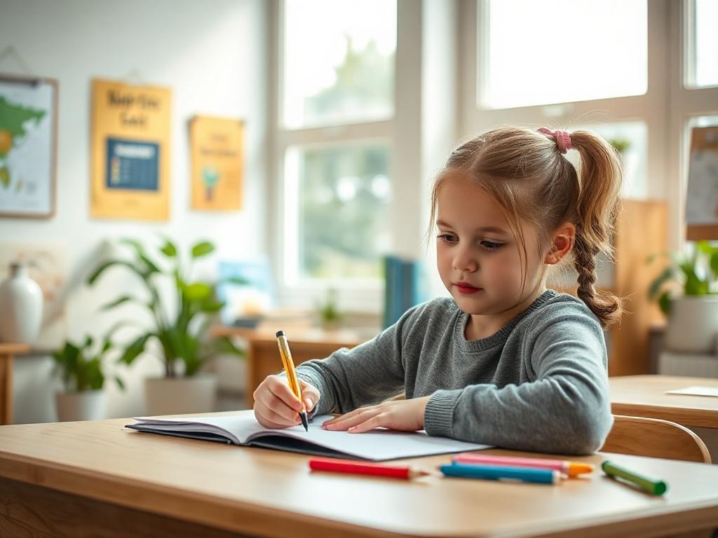 Create a highly detailed, realistic high-resolution photo that visually represents the concept of fostering independence in students. The image should feature a single student, preferably a young girl or boy around the age of 10-12, sitting at a desk in a bright, inviting classroom environment. The student should be focused on completing an assignment, using a notebook and colorful stationery spread out before them, emphasizing engagement and active learning. 

The classroom should have large windows allowi