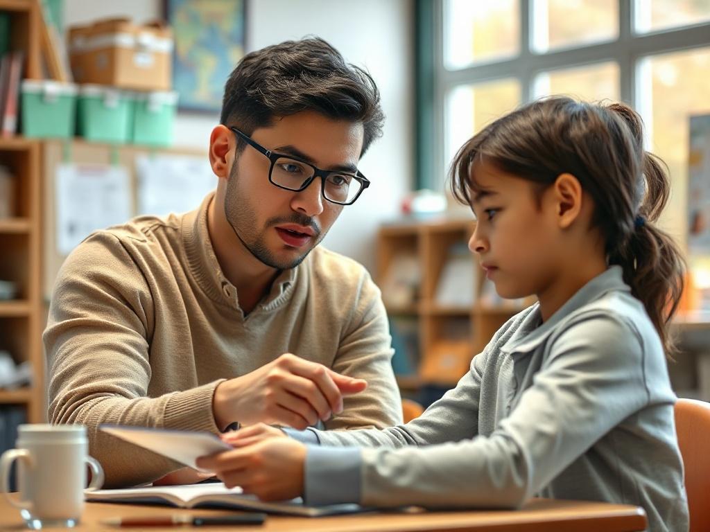 A focused close-up shot of a student engaging in a one-on-one learning session with a dedicated educator, set in a bright and inviting classroom environment. The educator is demonstrating a concept using visual aids, while the student is actively participating. The background features educational materials and a warm atmosphere, shot with a 45mm f/1.2 lens style.