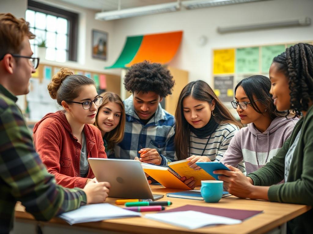 A dynamic close-up shot of a group of diverse students collaborating on a project, surrounded by educational materials and technology in a vibrant classroom. The students are engaged in discussion, brainstorming ideas, and working together creatively, illustrating the essence of interdisciplinary learning. Shot with a 45mm f/1.2 lens style.