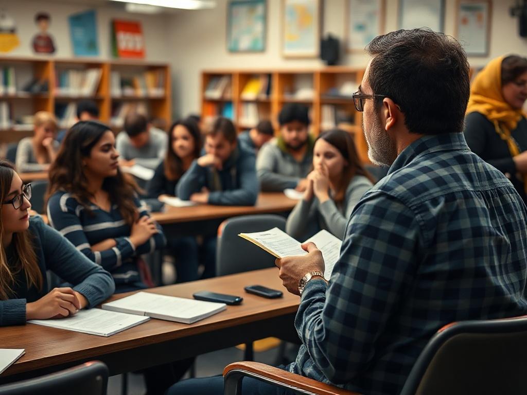 A close-up shot of an instructor leading a workshop, surrounded by attentive students taking notes and participating in discussions. The classroom is filled with educational resources and a collaborative atmosphere, showcasing an engaging learning environment. Shot with a 45mm f/1.2 lens style.