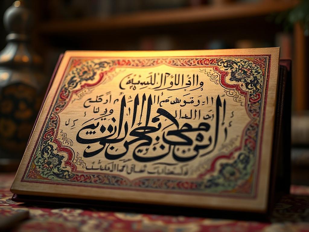 A close-up shot of a beautifully designed Arabic calligraphy art piece featuring a verse from the Quran, with intricate details and vibrant colors. The background should be softly blurred to keep the focus on the calligraphy, which should be centered in the frame. The lighting should be warm and inviting, creating a serene atmosphere that embodies the essence of learning and spirituality.