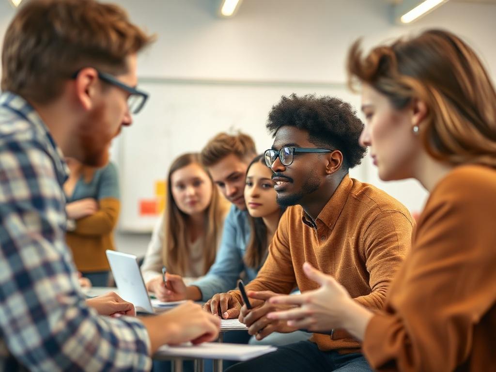 A close-up shot of a group of students actively participating in a workshop, engaged in discussion and collaboration. The setting features a bright, inspiring classroom with educational materials and a whiteboard. The image captures diverse expressions and interactions, highlighting the energy of communication and teamwork.