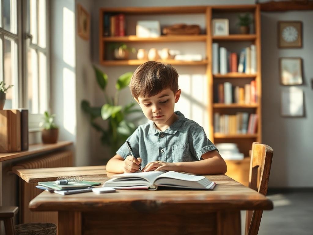 Create a realistic high-resolution photo that embodies the theme of "Promoting Independence in Learning." The composition should feature a young student sitting alone at a rustic wooden desk in a sunlit room, engrossed in a book and jotting down notes. This subject should appear focused and empowered, showcasing a sense of self-reliance and initiative. The background should include shelves filled with books and a gentle indoor plant, adding a warm, inviting atmosphere without distraction. Soft natural light