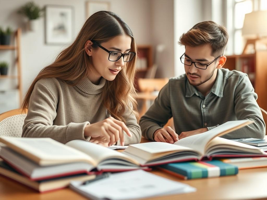 A close-up shot of a student and a tutor engaged in a focused learning session, with books and study materials spread out on a table in a bright, inviting environment. The tutor is pointing at a book, guiding the student, who looks engaged and thoughtful. The background is softly blurred to emphasize the interaction, with warm lighting creating a supportive atmosphere.