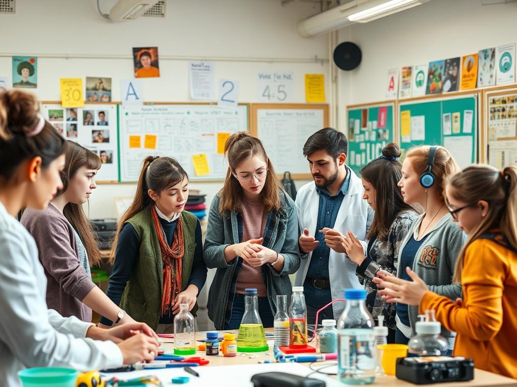 A dynamic scene of students collaborating in a workshop setting, surrounded by art supplies, science experiments, and technology. The students are actively discussing and engaging with each other, with a facilitator guiding the session. The atmosphere is vibrant and energetic, showcasing creativity and teamwork. The background features educational posters and resources, enhancing the learning environment.