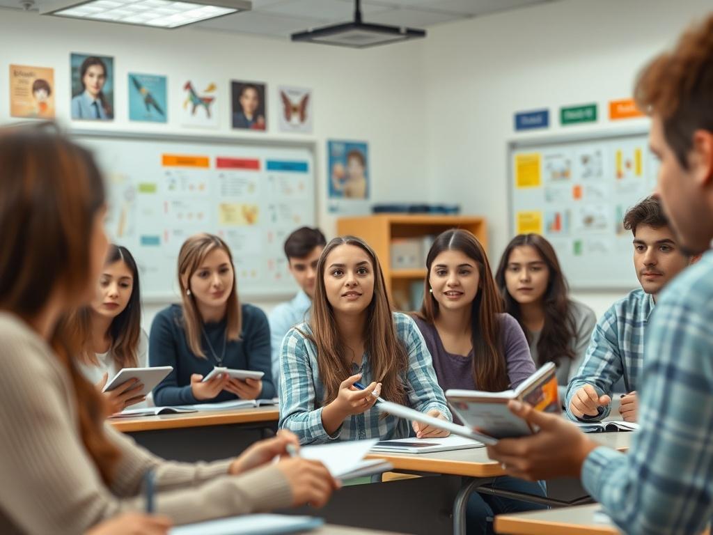 A focused shot of a classroom setting where an educator is demonstrating study techniques to an engaged group of students. The educator uses visual aids and interactive materials to illustrate concepts. Students are taking notes, with expressions of interest and concentration. The room is well-lit, and educational posters adorn the walls, creating an inspiring learning atmosphere.
