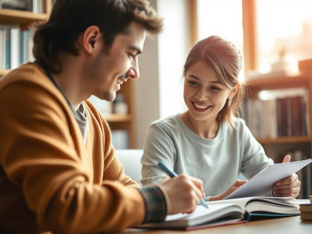 A close-up shot of a student engaging with a tutor, focused on a notebook, in a cozy learning environment with warm lighting and a bookshelf in the background. The tutor, a young adult, is guiding the student with a smile, creating a supportive atmosphere. The image should have a soft focus, capturing the joy of learning. The primary color theme should reflect rgb(122, 86, 4).
