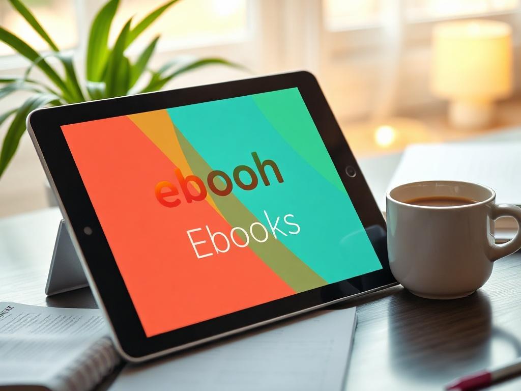 A realistic high-resolution photo of a digital tablet displaying a colorful educational eBook. The tablet should be placed on a desk with a coffee cup and study notes beside it. The background should be bright and inviting, suggesting a cozy learning environment.