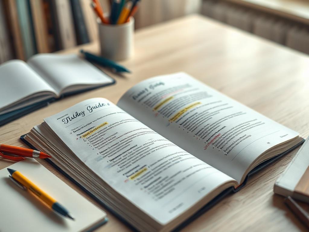 A realistic high-resolution photo of a Personalized Study Guide open on a desk, surrounded by study materials like pens and notebooks. The guide should have handwritten notes and colorful highlights visible. The background should be an inviting study space with soft lighting.