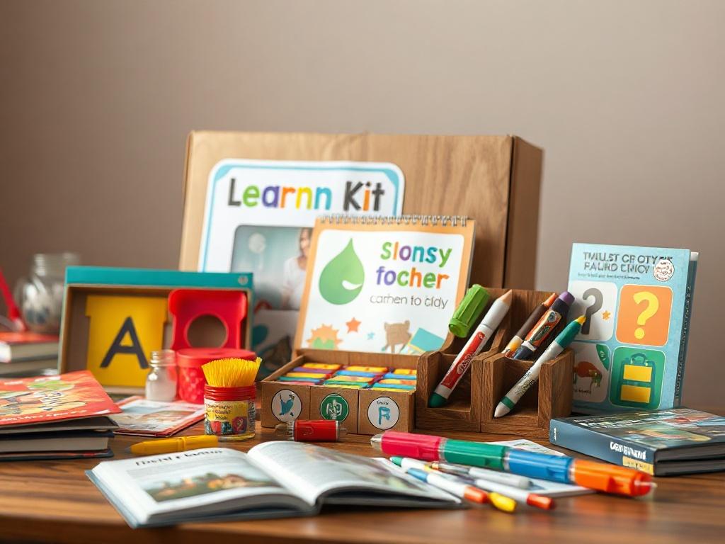A realistic high-resolution photo of an Interactive Learning Kit displayed on a table. The kit includes colorful educational materials, books, and hands-on activities. The background should be a soft, neutral color to enhance the vibrant colors of the kit. Focus on the details and textures of the materials in a close-up shot.