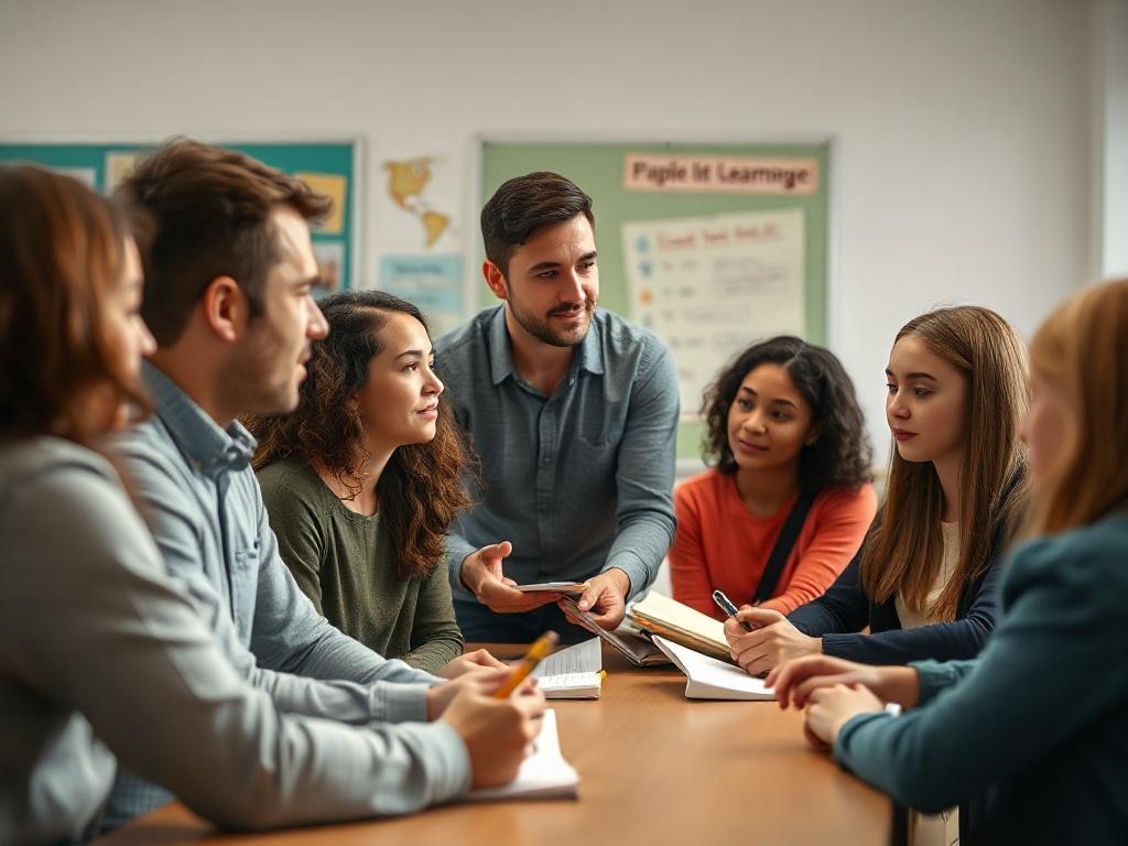 A close-up shot of a teacher demonstrating effective learning techniques to a small group of attentive students in a bright classroom setting. The teacher is using visual aids, and students are taking notes while looking engaged. The background should be softly blurred to focus on the interaction and learning moment, with natural lighting that enhances the warm atmosphere, matching the rgb(122, 86, 4) color palette.