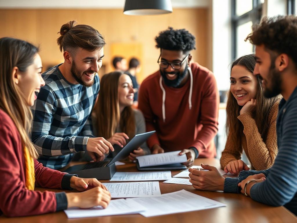 A close-up shot of a diverse group of students collaborating around a table, actively discussing a project with papers and laptops spread out. The students show enthusiasm and engagement in their conversation, reflecting a vibrant learning atmosphere. The background should be subtly blurred, focusing on the group dynamics and collaboration. Warm lighting should enhance the inviting environment, aligning with the rgb(122, 86, 4) color theme.