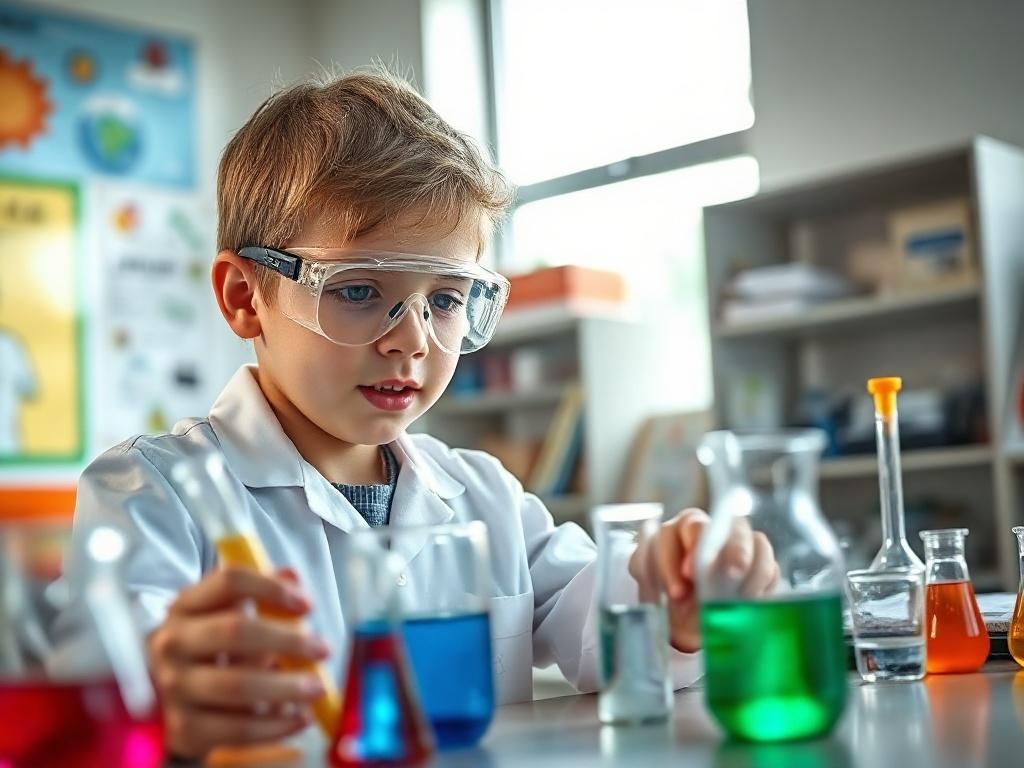 A close-up shot of a young student conducting a science experiment in a bright, modern classroom. The student, wearing safety goggles and a lab coat, is focused on mixing colorful liquids in a beaker. The background should display science-related posters and equipment, with soft natural light illuminating the workspace. Capture the excitement and curiosity on the student's face, emphasizing the hands-on learning experience.