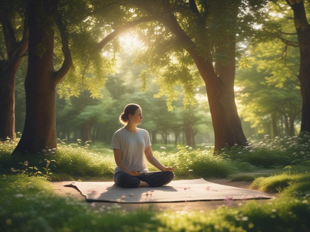 a tranquil meditation space in nature, soft lighting filtering through