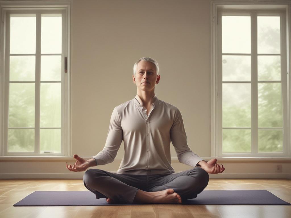 Create a realistic high-resolution photo that embodies the essence of a blog titled "Die Kraft der Achtsamkeit." The composition should be simple and serene, focusing on a single subject: a person engaging in a mindful meditation pose. The subject should be a middle-aged individual, sitting cross-legged on a soft, green grass patch, with a gentle smile that reflects inner peace and tranquility.

The background should feature soft, blurred natural elements such as trees and a calm water body, bathed in gentl