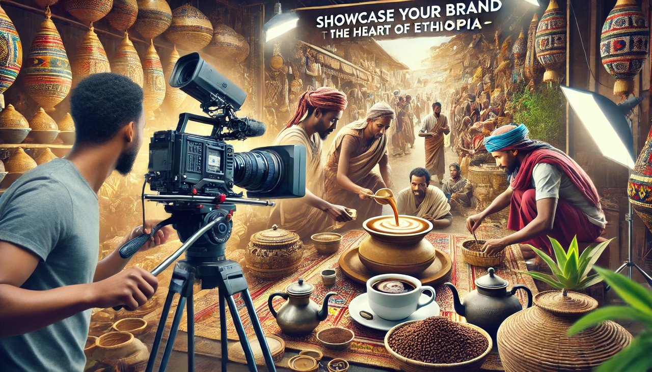 dall·e 2025-03-28 02.56.55 - a visually striking banner featuring a cohesive team of ethiopian cameramen working together to capture shots of a well-known ethiopian product, such .webp