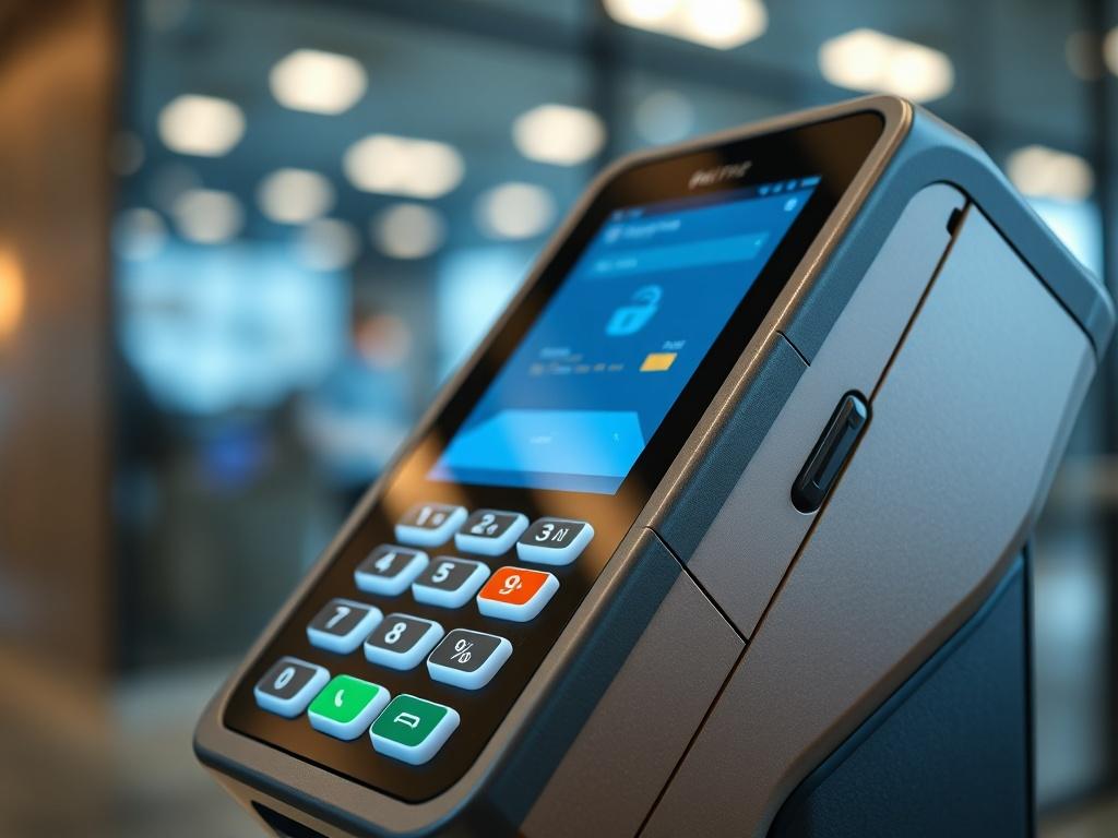 A close up shot of a high tech payment terminal