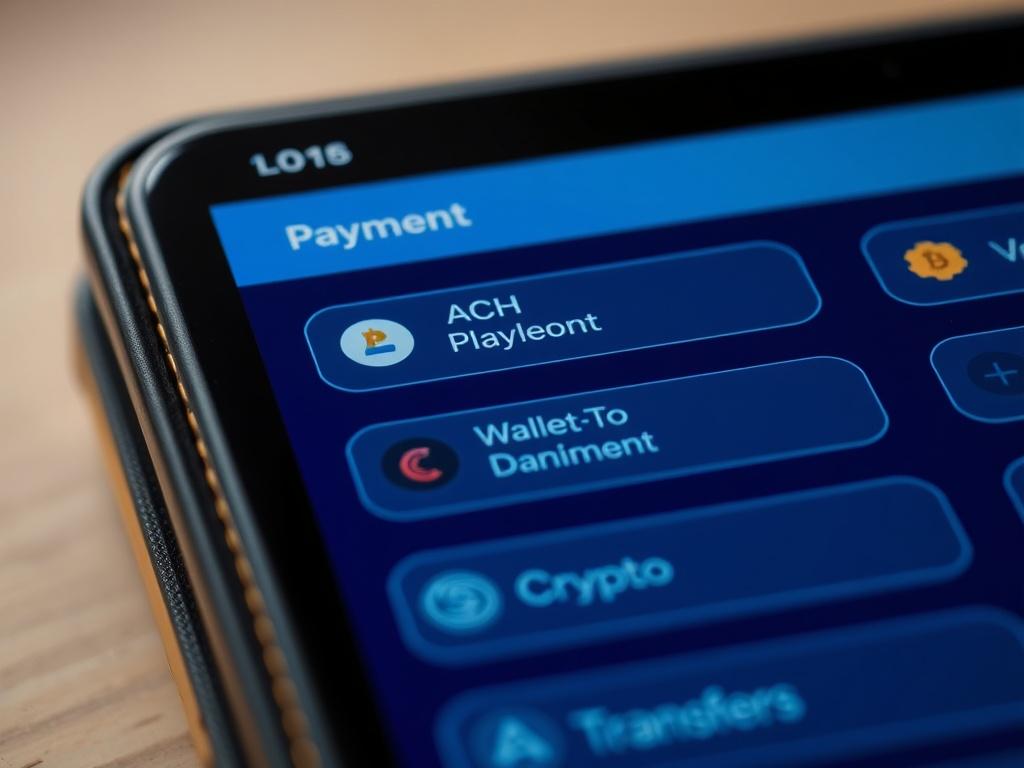 A hyper-realistic close-up shot of a digital wallet interface displaying various payment options like ACH, Visa, crypto, and wallet-to-wallet transfers. The background should be soft and blurred to keep the focus on the interface, showcasing a modern and user-friendly design. The color palette should align with the rgb(193, 153, 87) primary color, emphasizing a sense of innovation and simplicity.