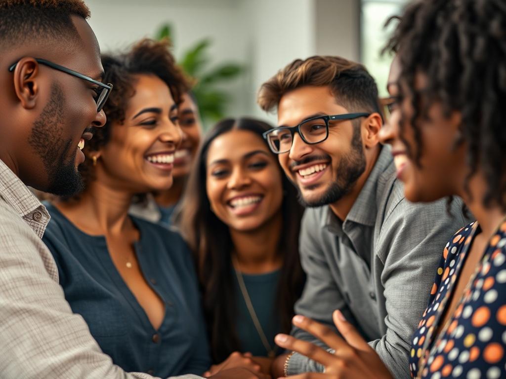 A close-up of a group of diverse individuals engaging in a lively discussion, with smiles and enthusiasm. The background should be slightly blurred, focusing on the group dynamic and interaction. This image should illustrate community engagement and collaboration among learners.