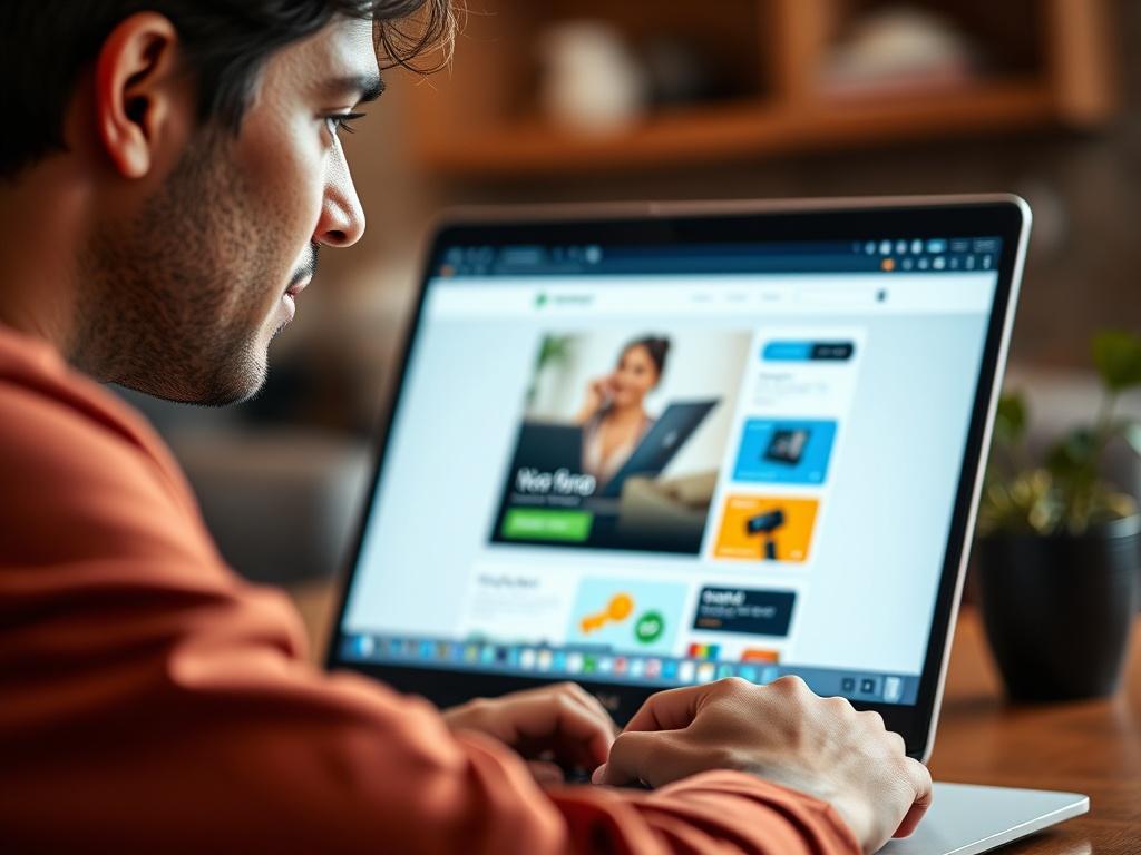 A close-up shot of a person using a laptop, with a focused expression, showcasing a user-friendly website interface on the screen. The background should be blurred, emphasizing the laptop and the user's engaged face. The image should evoke a sense of concentration and satisfaction, reflecting a positive user experience.