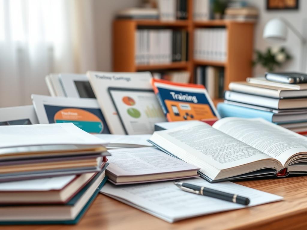 A close-up of diverse training materials, such as books, online courses, and instructional videos, laid out neatly on a desk. The background should be soft and inviting, suggesting a study or workspace. The image should convey an organized and resourceful environment, highlighting the accessibility of training resources.