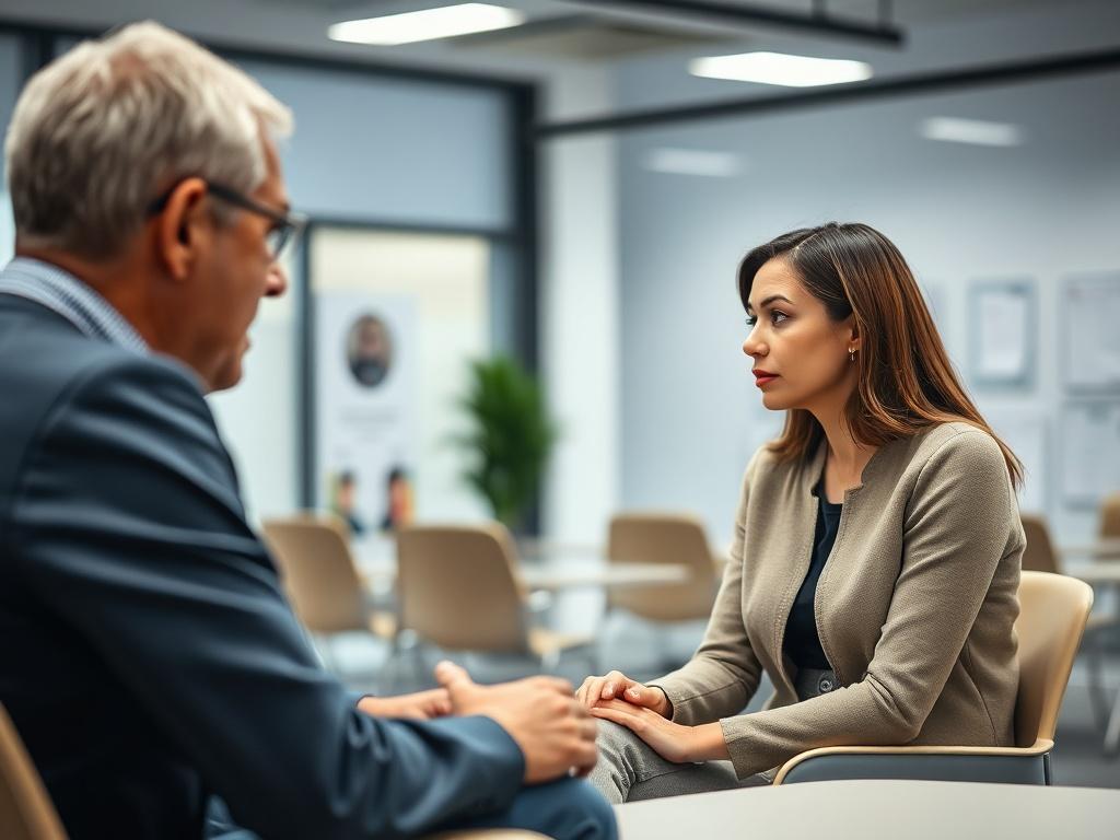 A focused coach sitting with a client in a modern training center. The scene captures the intensity of their conversation, emphasizing the coach's guidance and the client's engagement. Use a clean, professional background with subtle training materials in view. The image should convey a sense of motivation and transformation, shot in high resolution with a shallow depth of field.