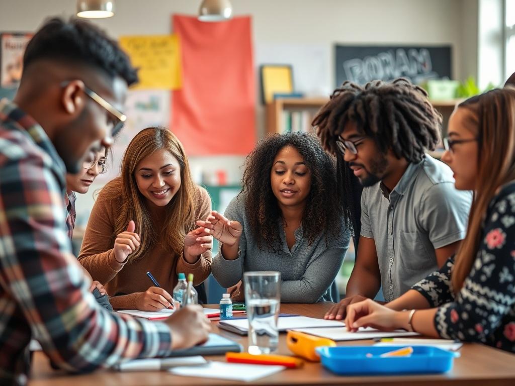 A vibrant group workshop in action, featuring diverse individuals engaging in discussions and activities. The setting should be lively, with colorful materials and tools that stimulate creativity. Capture a moment of teamwork and collaboration, highlighting the energy and enthusiasm of participants. Ensure the image is high-resolution and focuses on the interactions among the group.